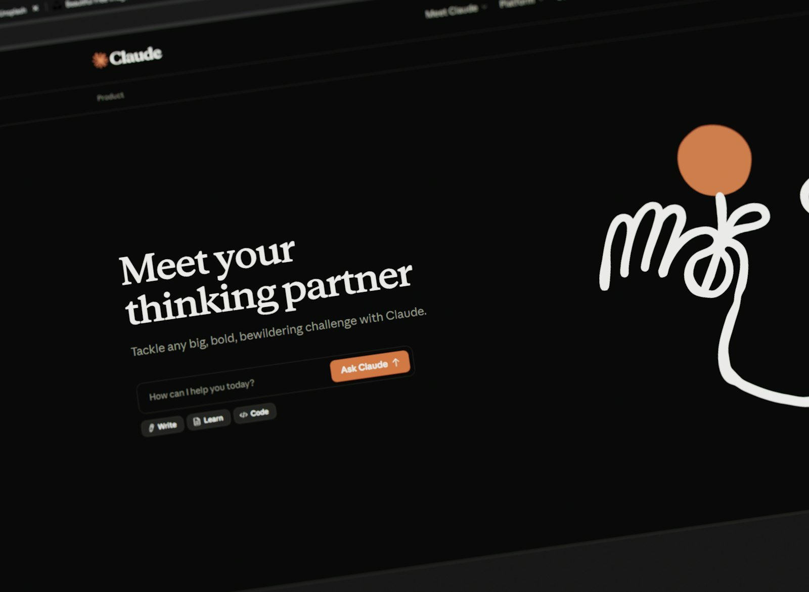 The Claude website on a screen with the headline Meet your thinking partner