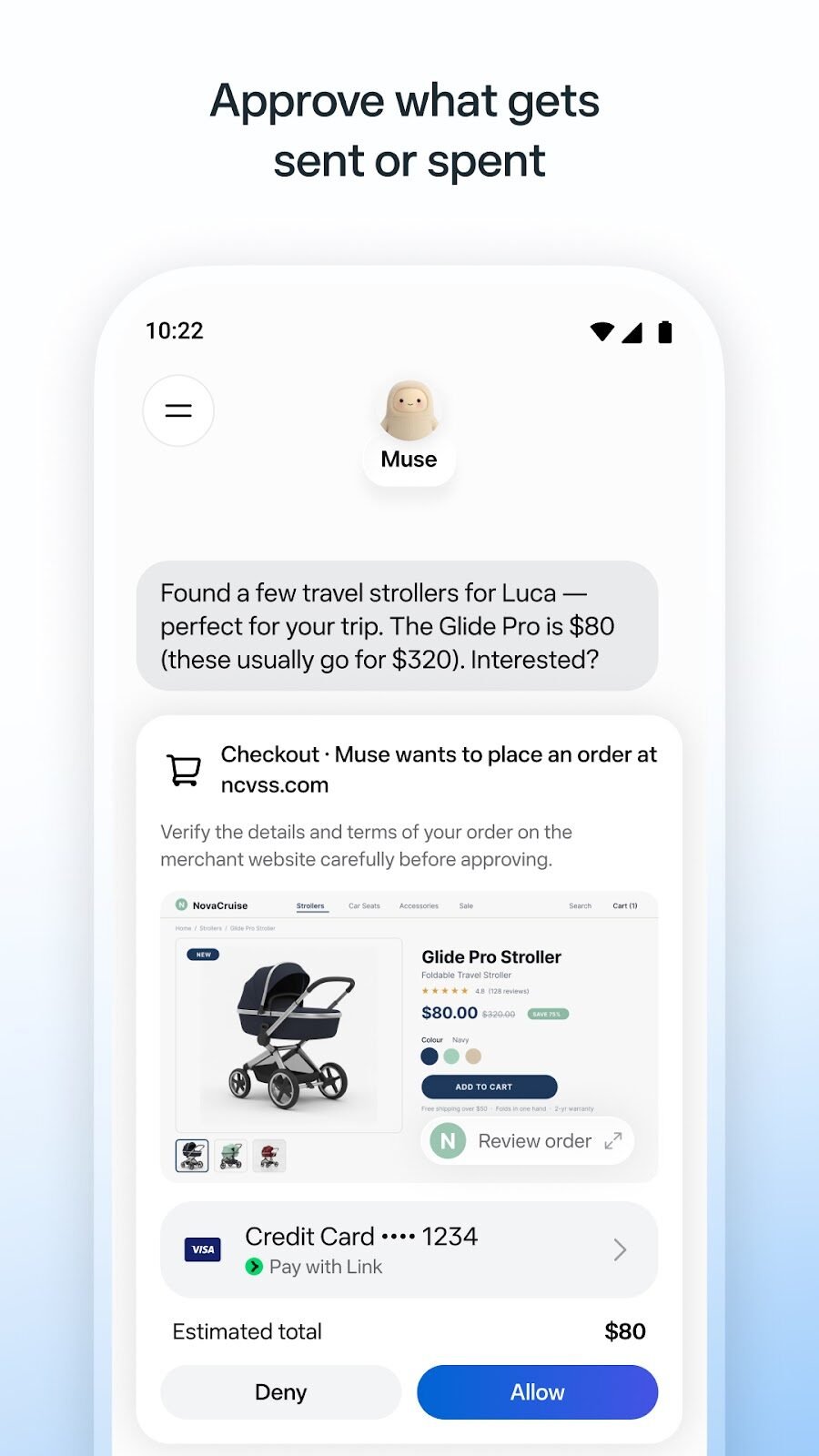 Muse app screen titled Approve what gets sent or spent, showing a checkout request with Deny and Allow buttons