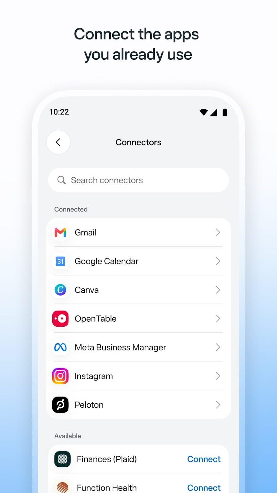 Muse app Connectors screen listing connected apps such as Gmail, Google Calendar, Canva, OpenTable, Meta Business Manager and Instagram