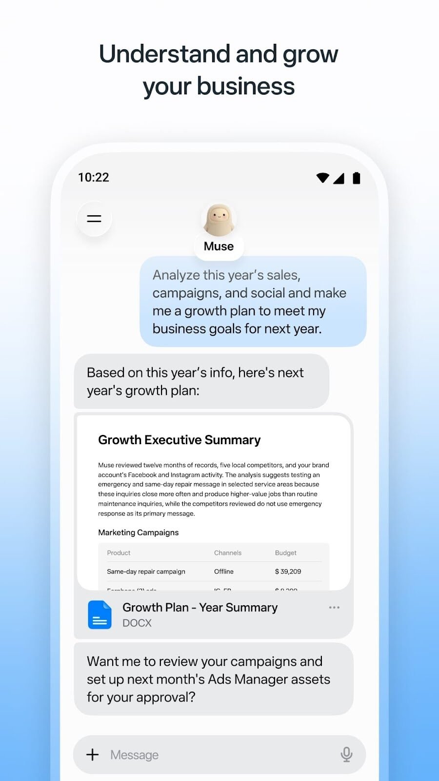 Muse app screen titled Understand and grow your business, where Muse answers a request to analyse sales, campaigns and social activity with a growth plan summary
