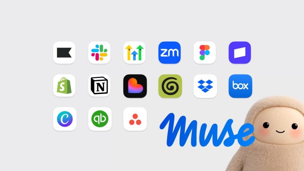 Muse for Small Business announcement image from Meta showing the Muse logo and character beside app icons such as Shopify, Slack, Notion, Dropbox, QuickBooks and Zoom