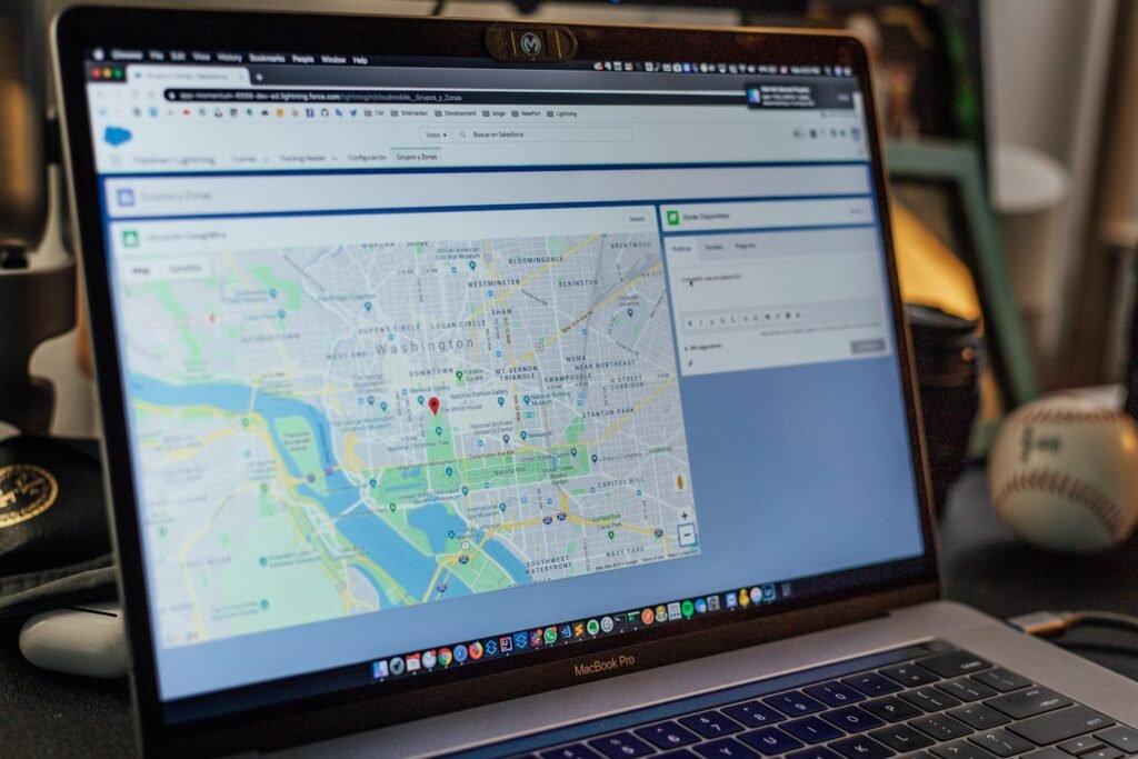 Laptop showing an online map with local places marked on it