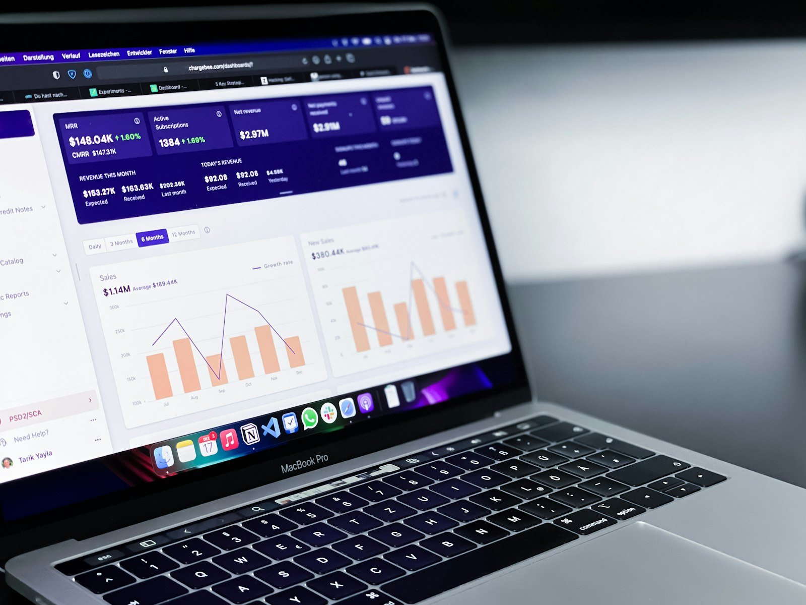 Laptop showing a software dashboard with bar charts and account figures
