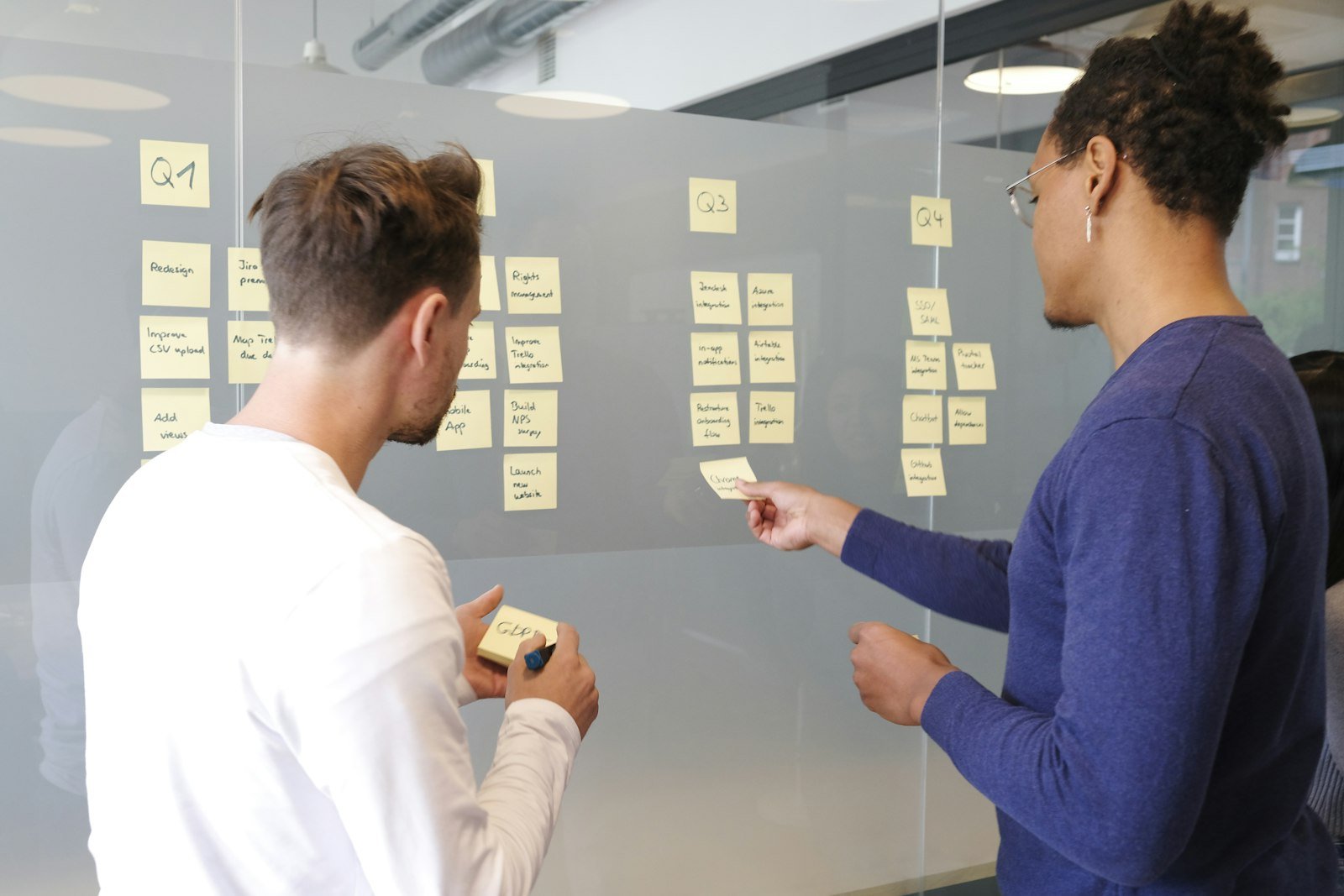 Two people arranging yellow sticky notes in columns on a glass wall