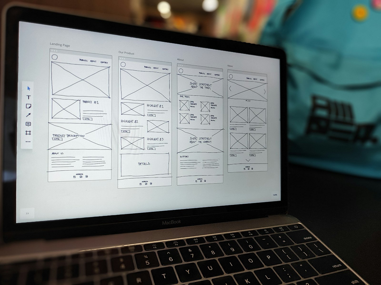 Website wireframes displayed on a laptop screen